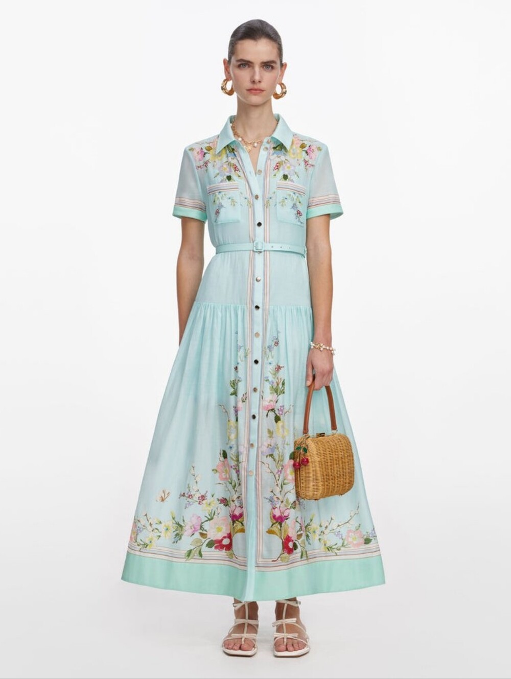 Self Portrait Mint Floral Organza Midi Dress